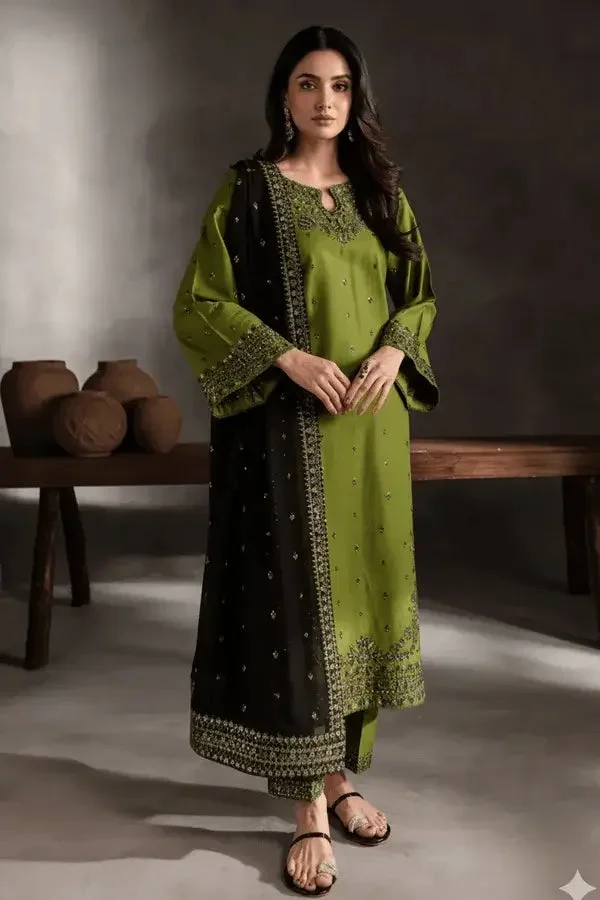 3 Piece Unstitched Heavy Embroidered Dhanak Suit with Four-sided Embroidered Dhanak Wool Shawl